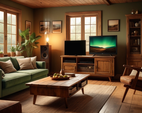 Cozy living room with green sofa and warm decor