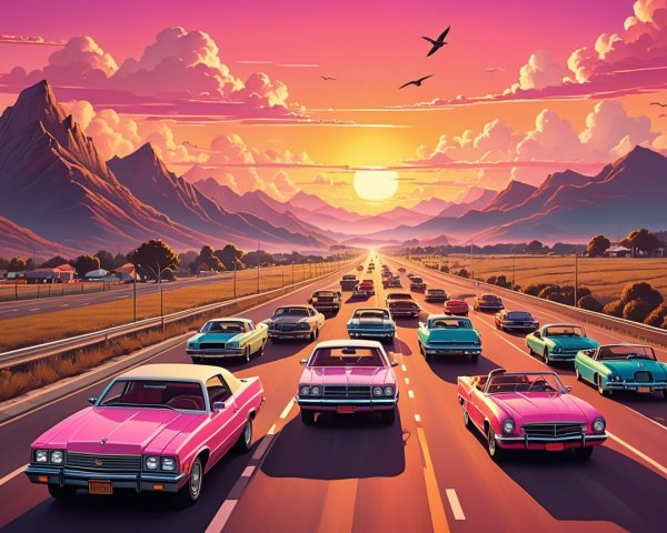 Retro Highway Scene with Classic Cars at Sunset