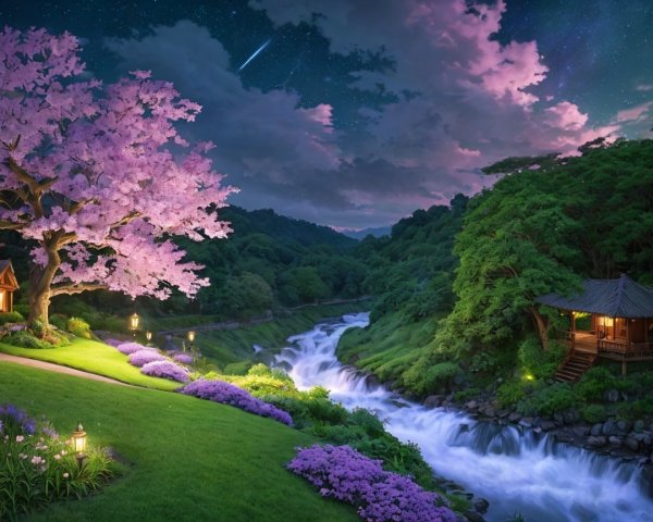 Cherry Blossom Tree by a Gentle River Landscape