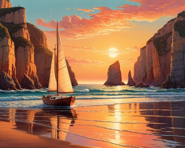 Tranquil Sunset Seascape with Sailing Boat and Cliffs