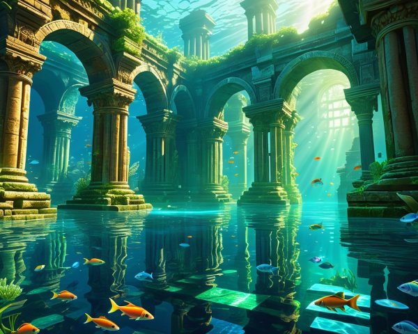 Ancient Underwater City with Carved Stone Ruins