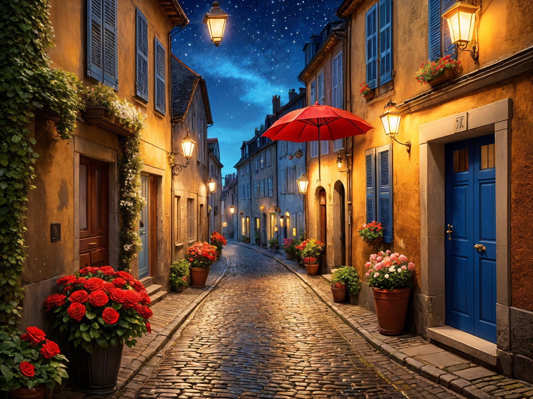 Charming Cobblestone Street with Flowering Pots and Lanterns