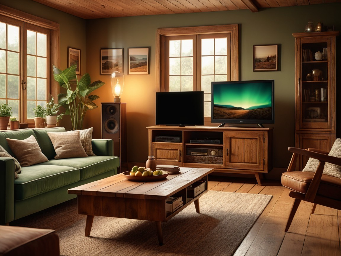 Cozy living room with green sofa and warm decor