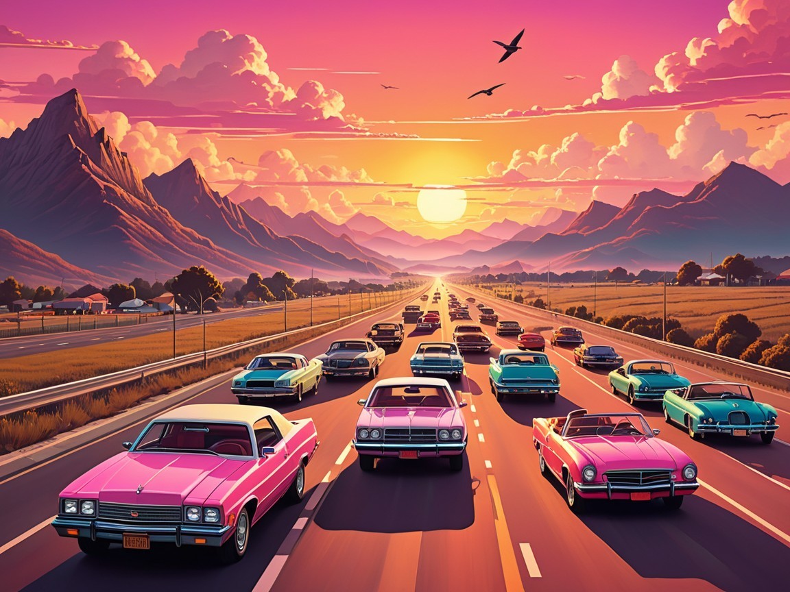 Retro Highway Scene with Classic Cars at Sunset