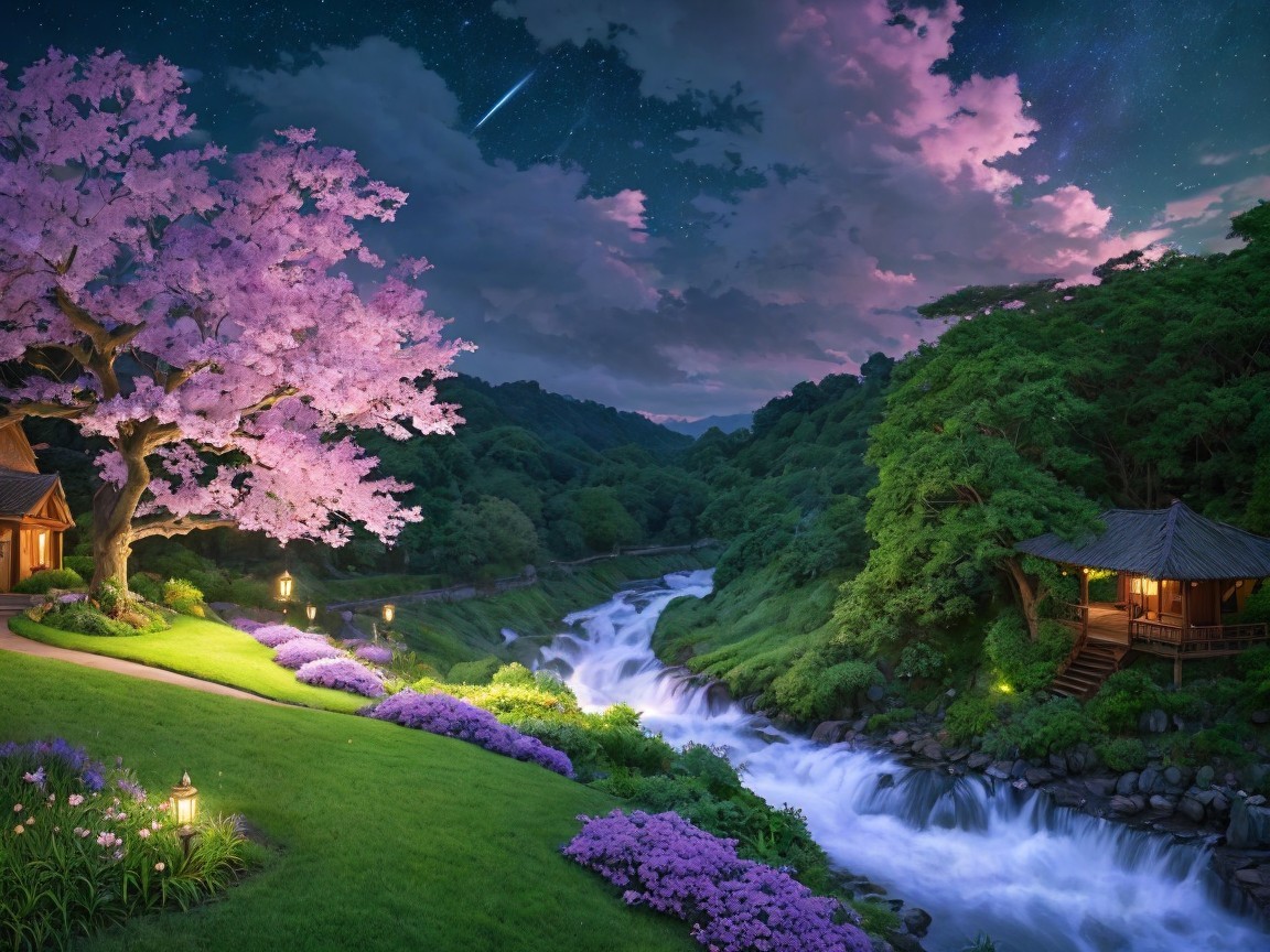 Cherry Blossom Tree by a Gentle River Landscape