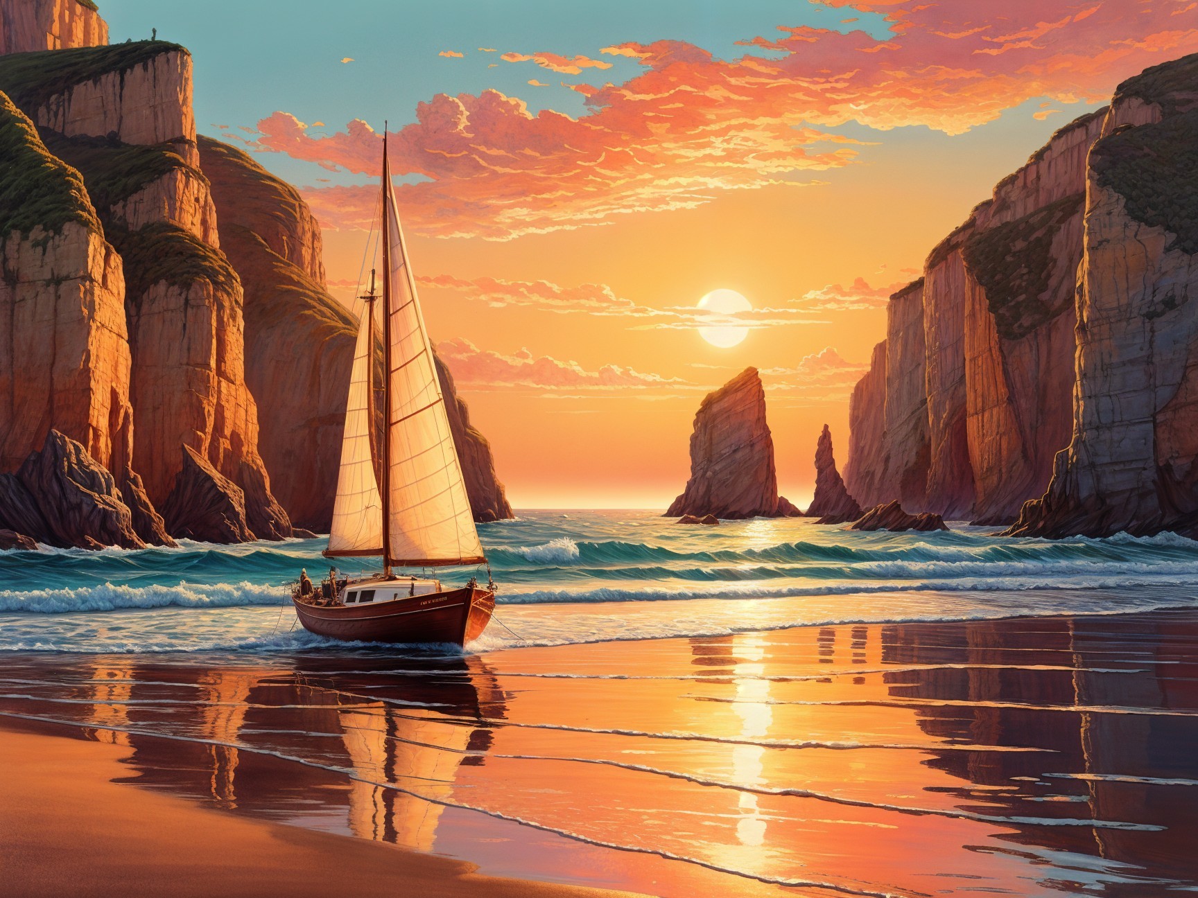 Tranquil Sunset Seascape with Sailing Boat and Cliffs