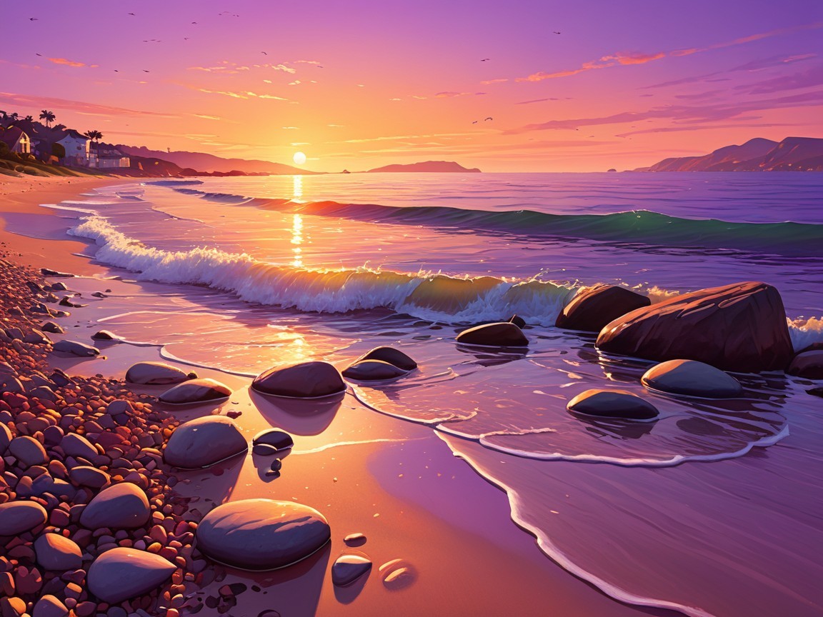 Serene Beach Sunset with Vibrant Sky and Palm Trees