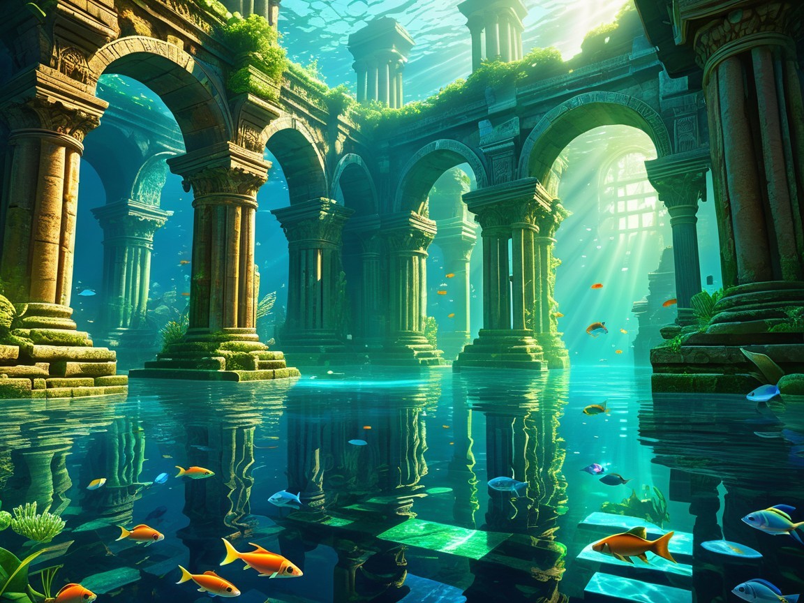 Ancient Underwater City with Carved Stone Ruins