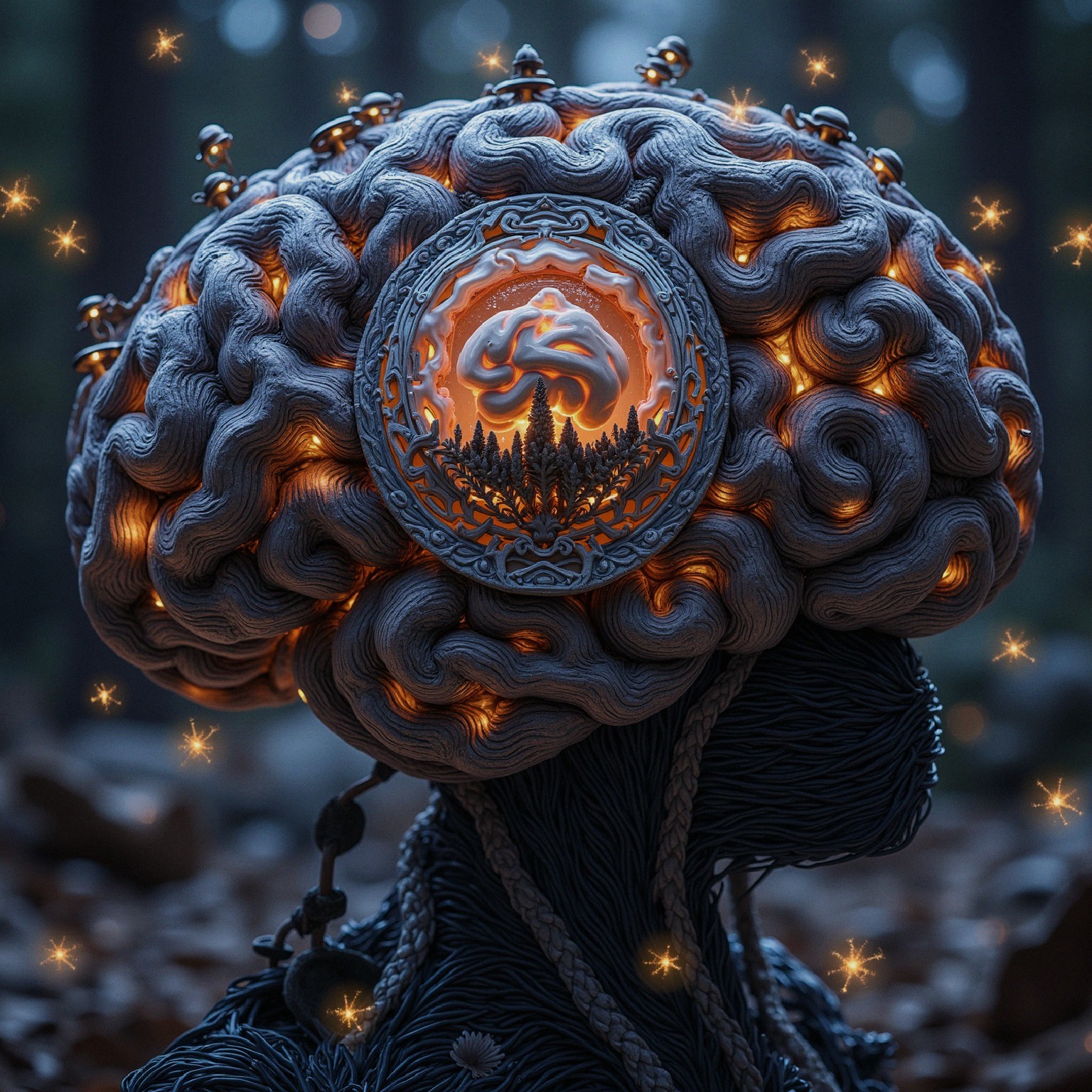 Intricate Brain Design with Glowing Forest Emblem