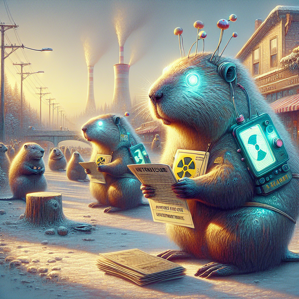 Surreal Landscape with Beavers and Industrial Elements