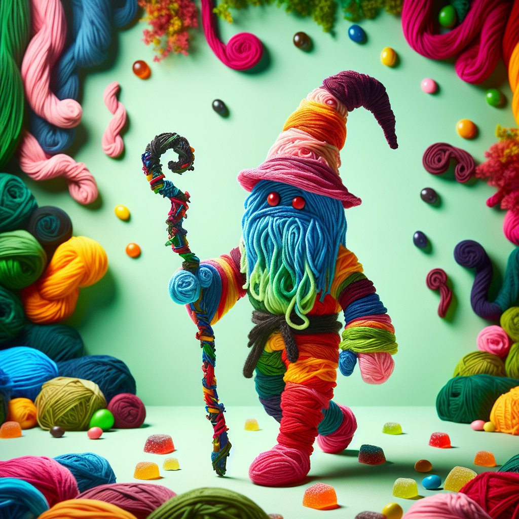 Whimsical Yarn Wizard with Colorful Background Elements