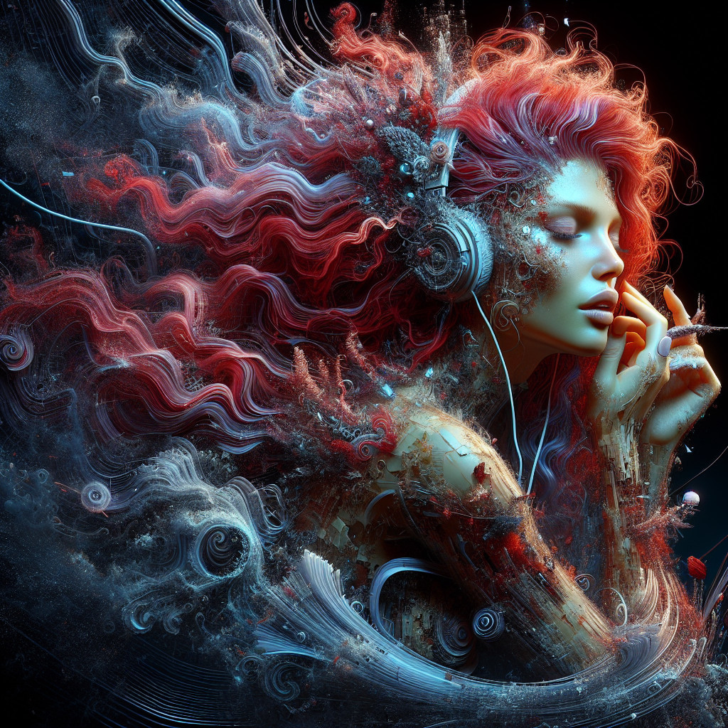 Surreal Artwork of a Woman with Flowing Red Hair