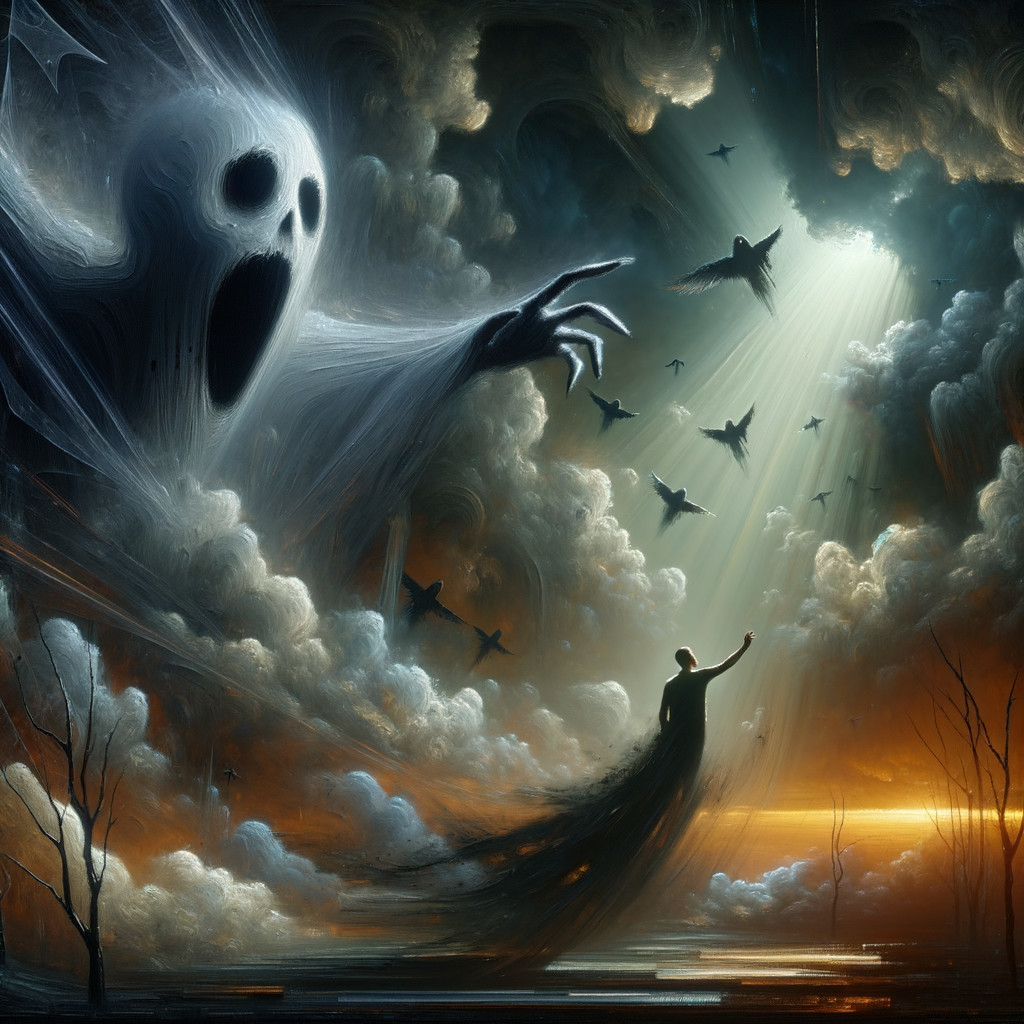 Surreal Landscape with Ghostly Figures and Eerie Atmosphere