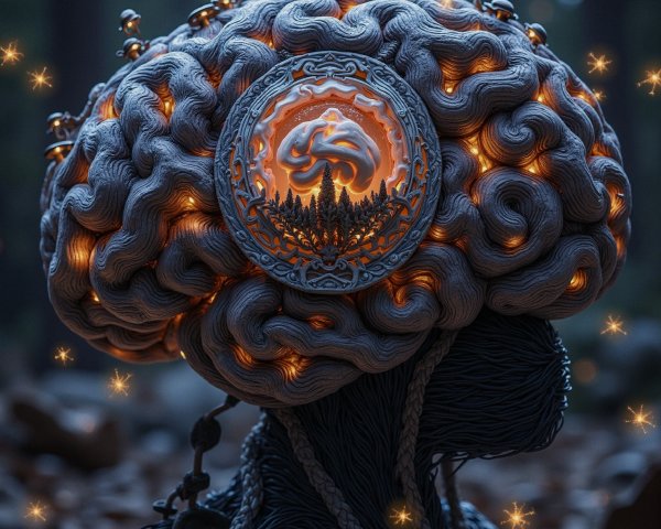 Intricate Brain Design with Glowing Forest Emblem