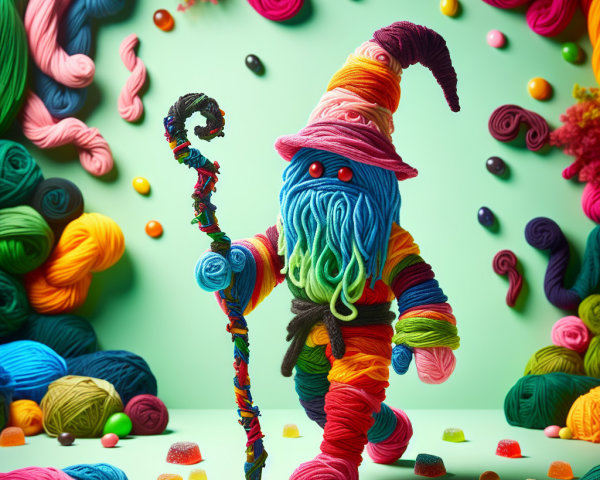 Whimsical Yarn Wizard with Colorful Background Elements