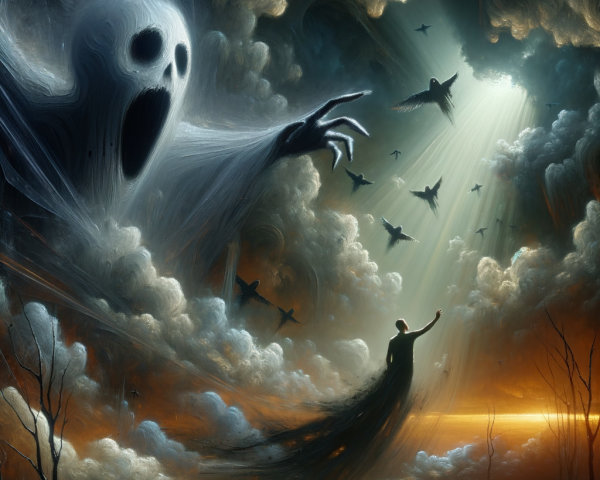 Surreal Landscape with Ghostly Figures and Eerie Atmosphere