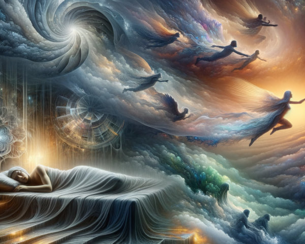 Surreal Dreamscape with Cosmic Patterns and Silhouettes