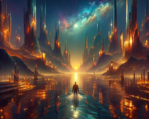 Surreal Landscape with Crystalline Structures and Water