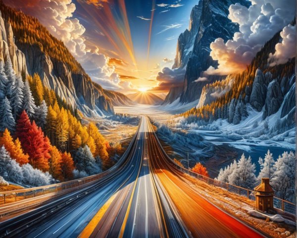 Winding Road Through Autumn Trees and Snowy Peaks