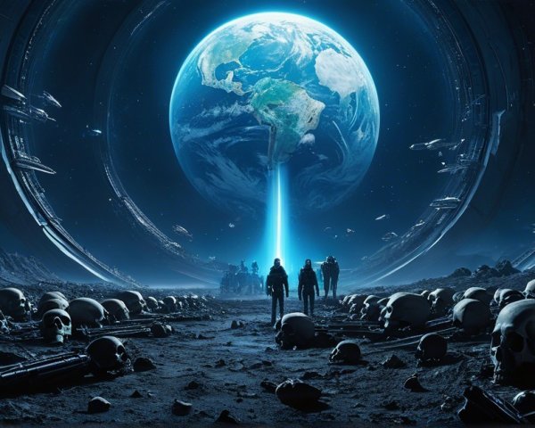 Futuristic landscape with skulls and glowing Earth