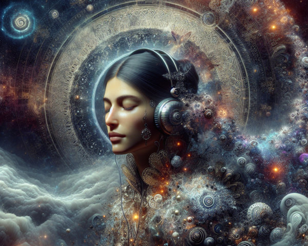 Serene Woman in Cosmic Dreamscape with Jewelry