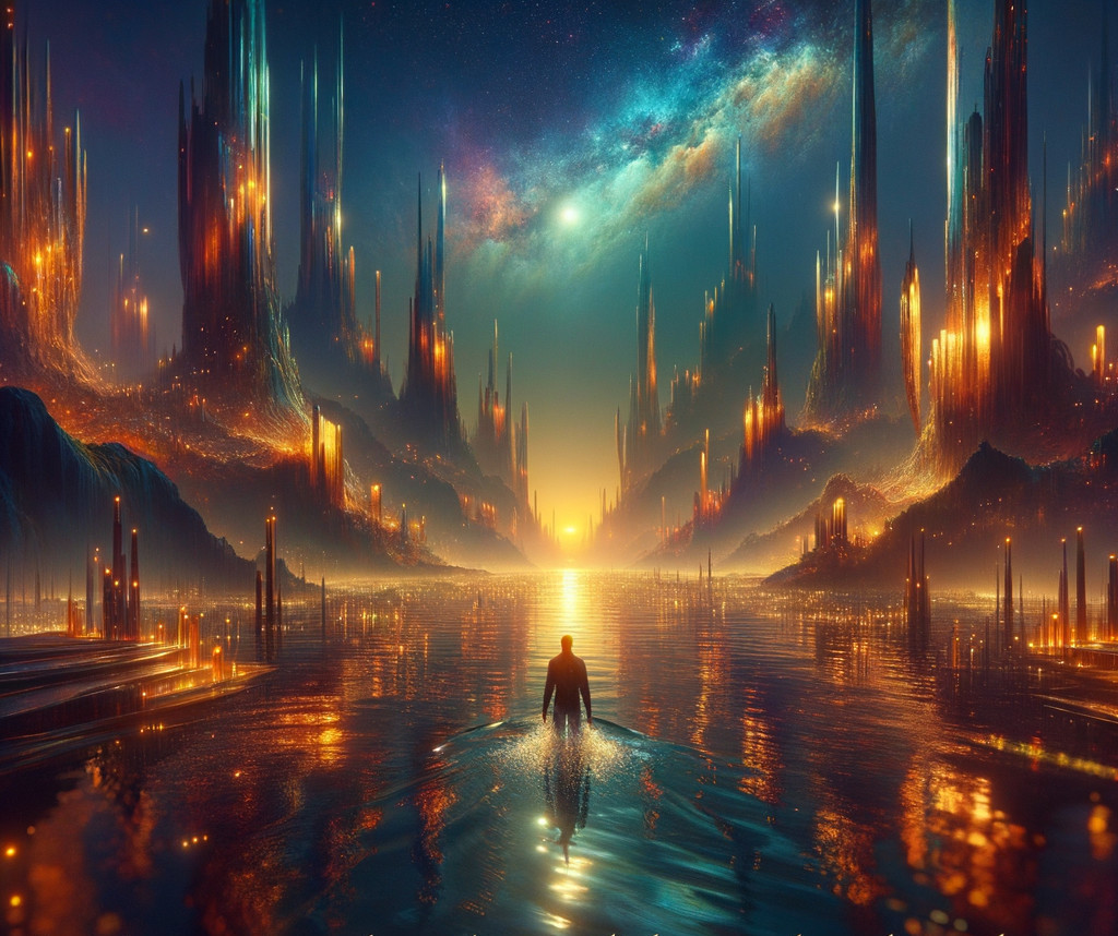 Surreal Landscape with Crystalline Structures and Water