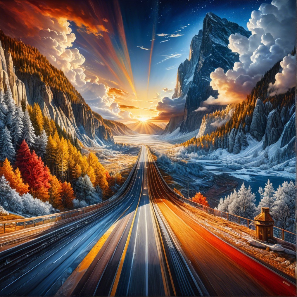 Winding Road Through Autumn Trees and Snowy Peaks
