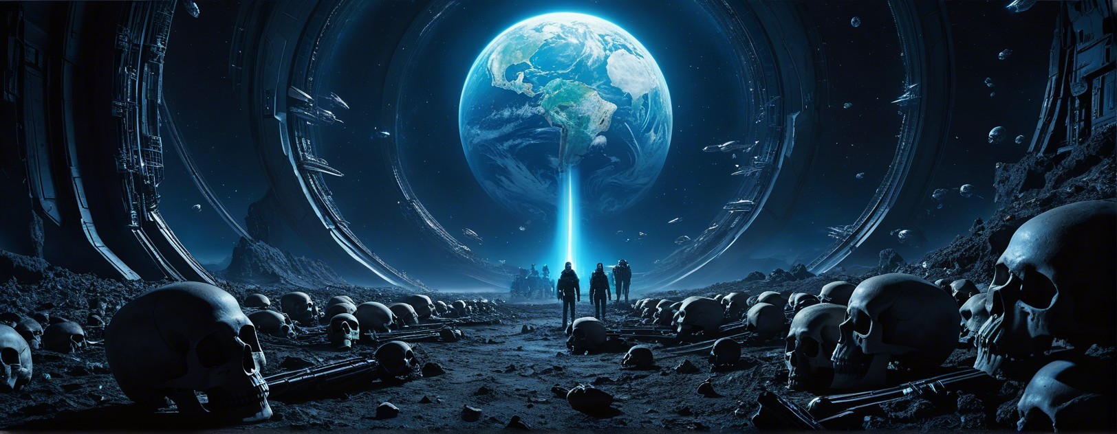 Futuristic landscape with skulls and glowing Earth