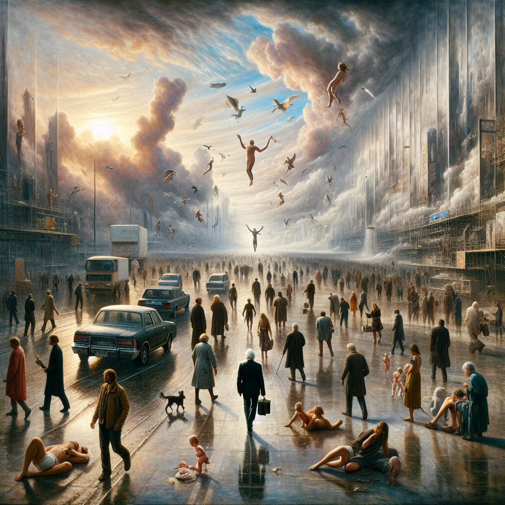 Surreal Urban Landscape with Ethereal Beings and Figures
