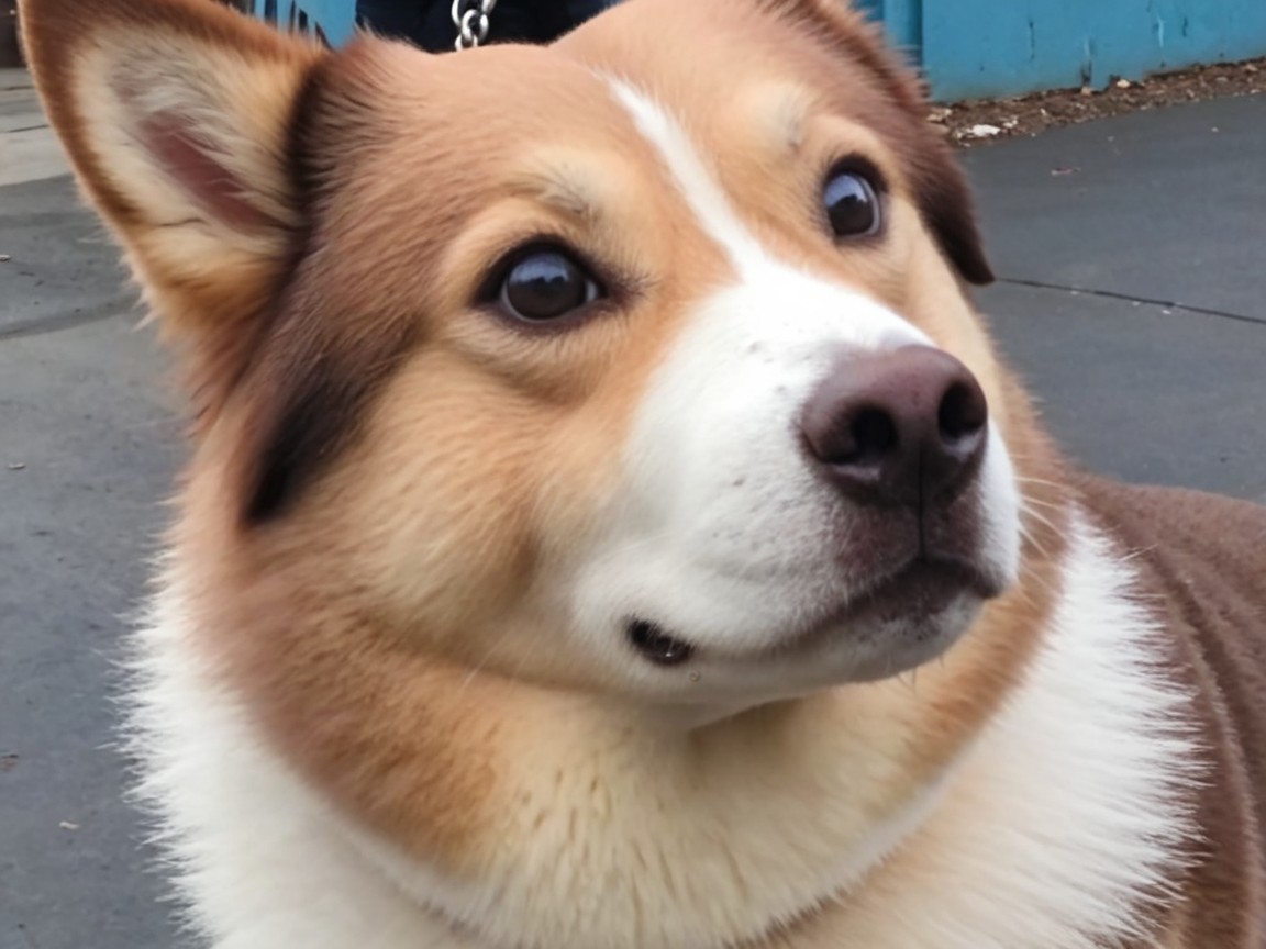 Close-up of a fluffy tan and white dog outdoors