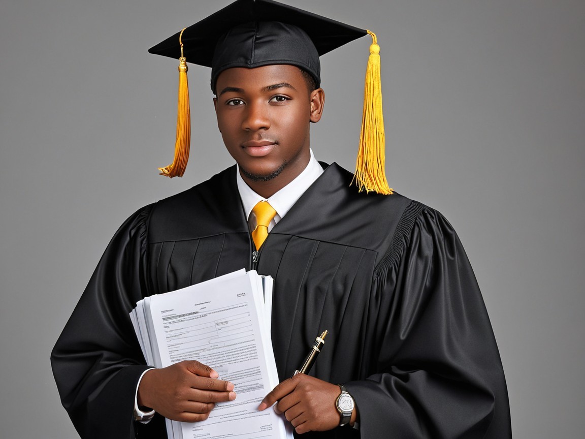 Young Male Graduate in Black Gown with Diplomas