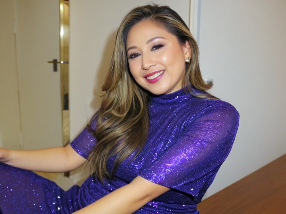 Woman in shimmering purple dress with wavy hair