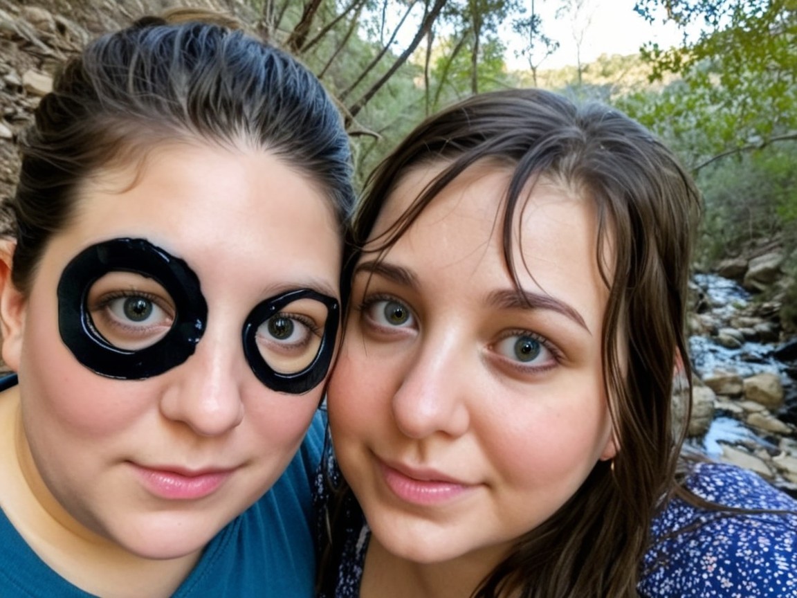 Friends by a serene stream with playful expressions