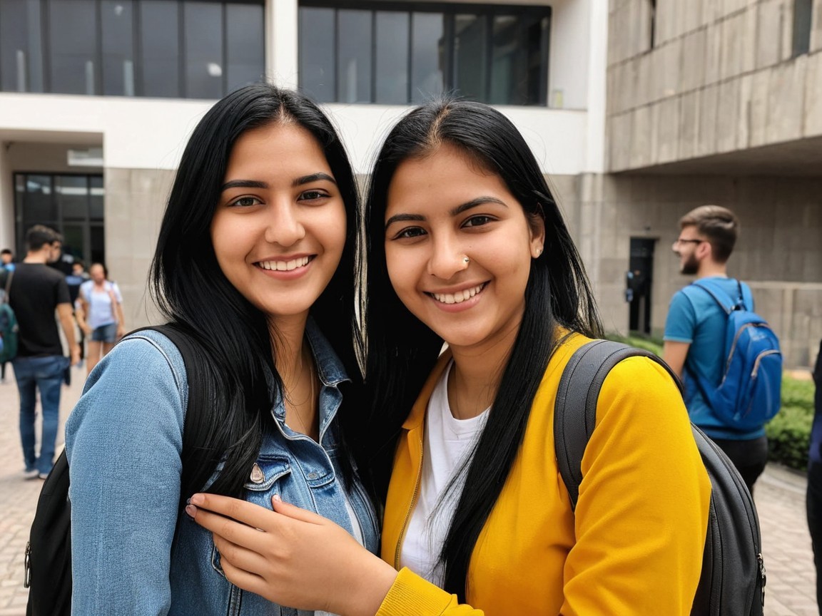 Young Women Smiling in Casual Campus Setting