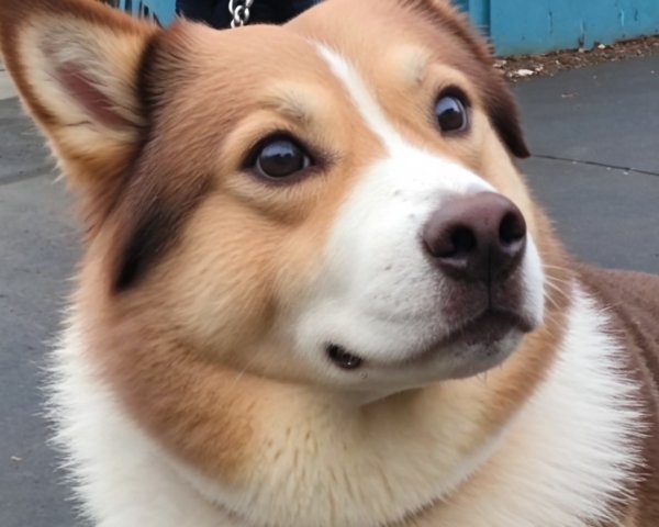 Close-up of a fluffy tan and white dog outdoors