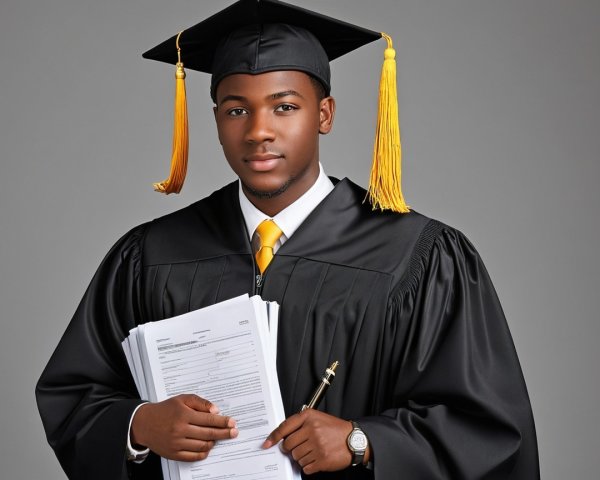 Young Male Graduate in Black Gown with Diplomas