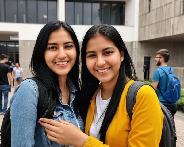 Young Women Smiling in Casual Campus Setting