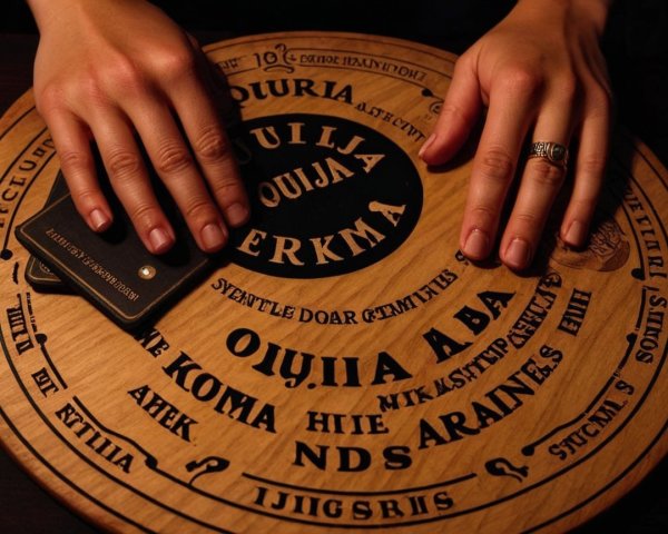 Wooden Ouija Board with Ornate Carvings and Planchette