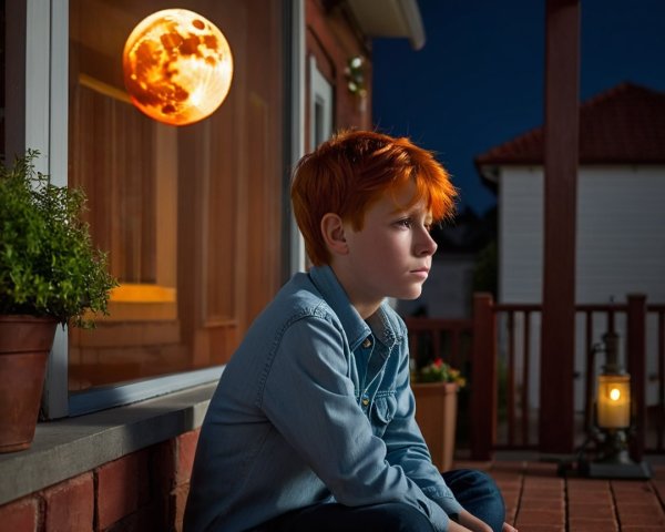 Young Boy with Orange Hair on Porch at Twilight