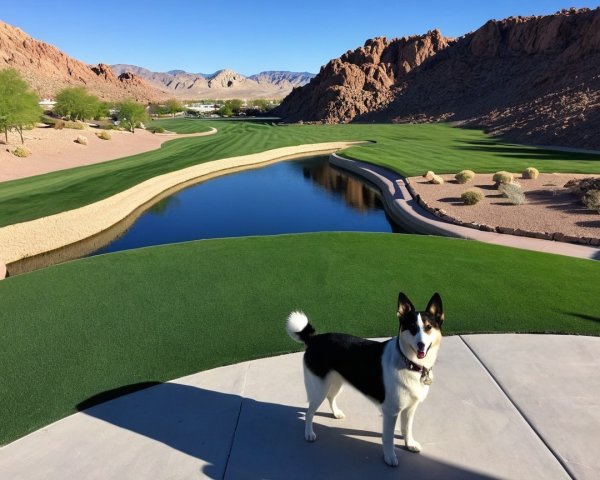 Playful Dog on Terrace Overlooking Scenic Landscape