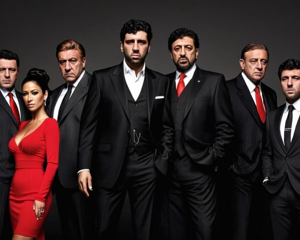 Stylish Individuals in Formal Attire Against Dark Background