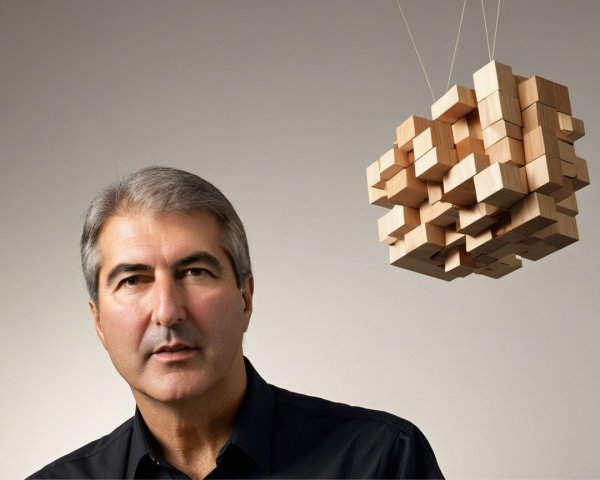 Middle-aged man with wooden block sculpture backdrop