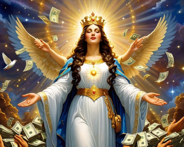 Majestic Angelic Figure with Crown and Abundance Symbols
