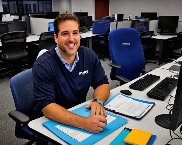 Young man at desk in modern office setting