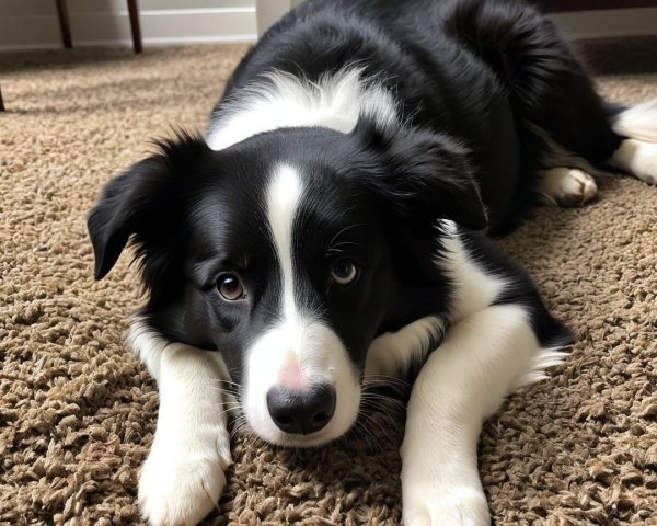 Black and white Border Collie puppy on tan carpet