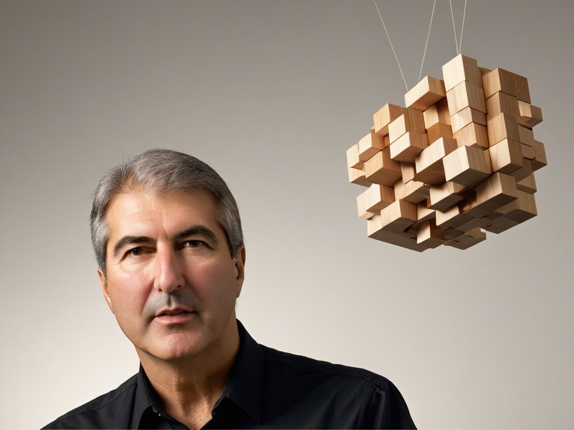 Middle-aged man with wooden block sculpture backdrop
