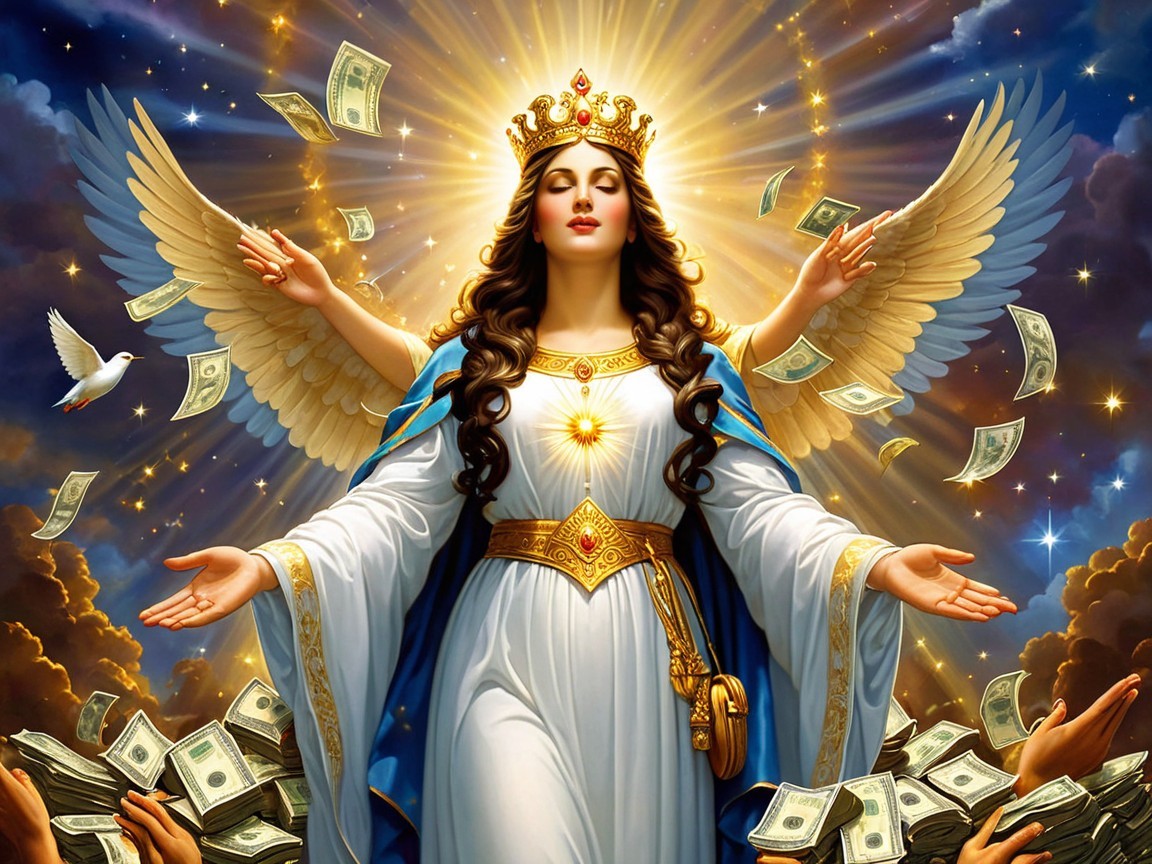 Majestic Angelic Figure with Crown and Abundance Symbols