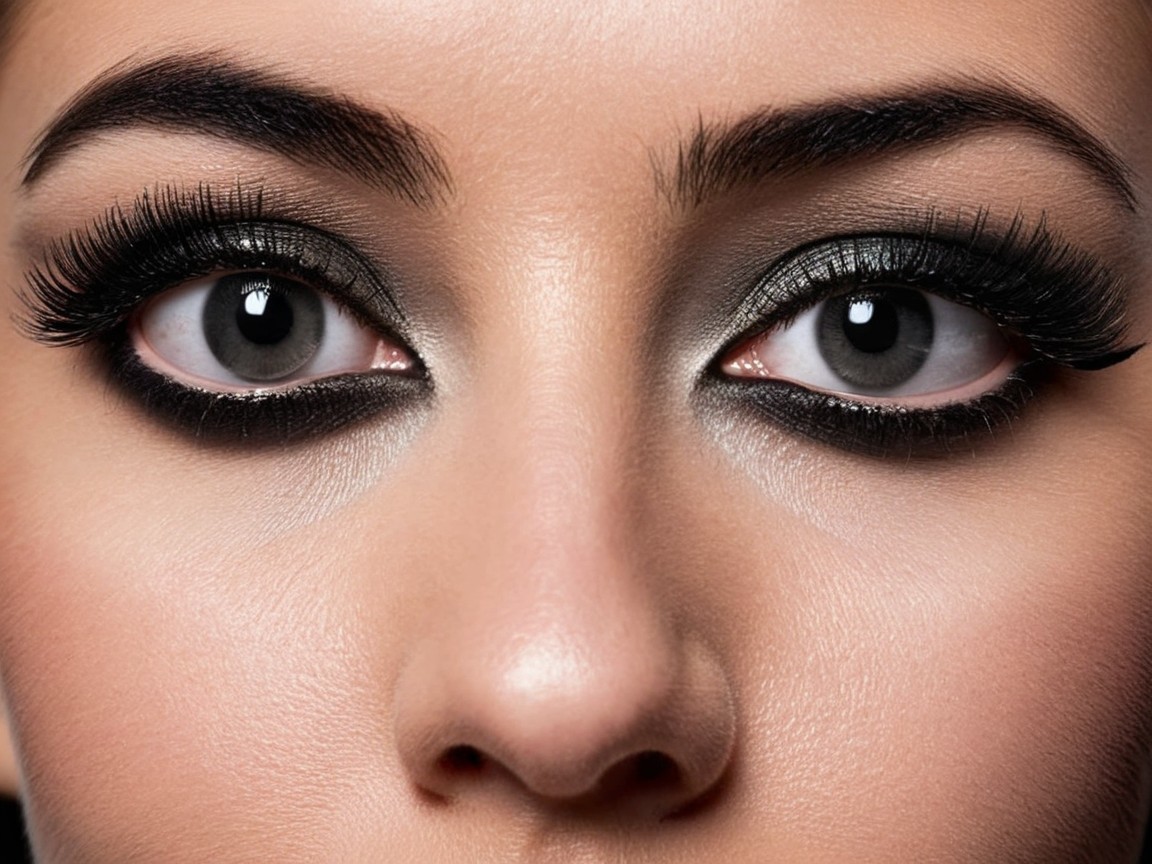 Close-up of a woman's face with dramatic eye makeup