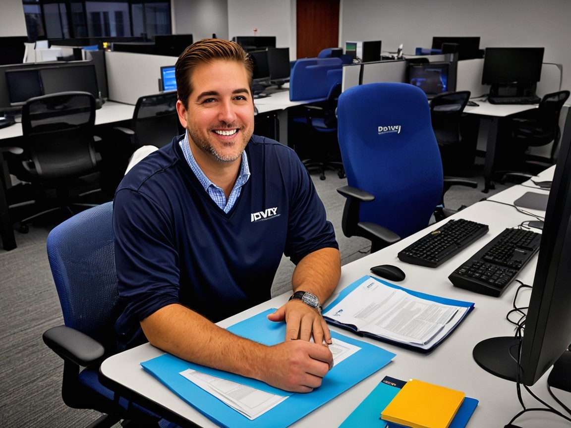 Young man at desk in modern office setting