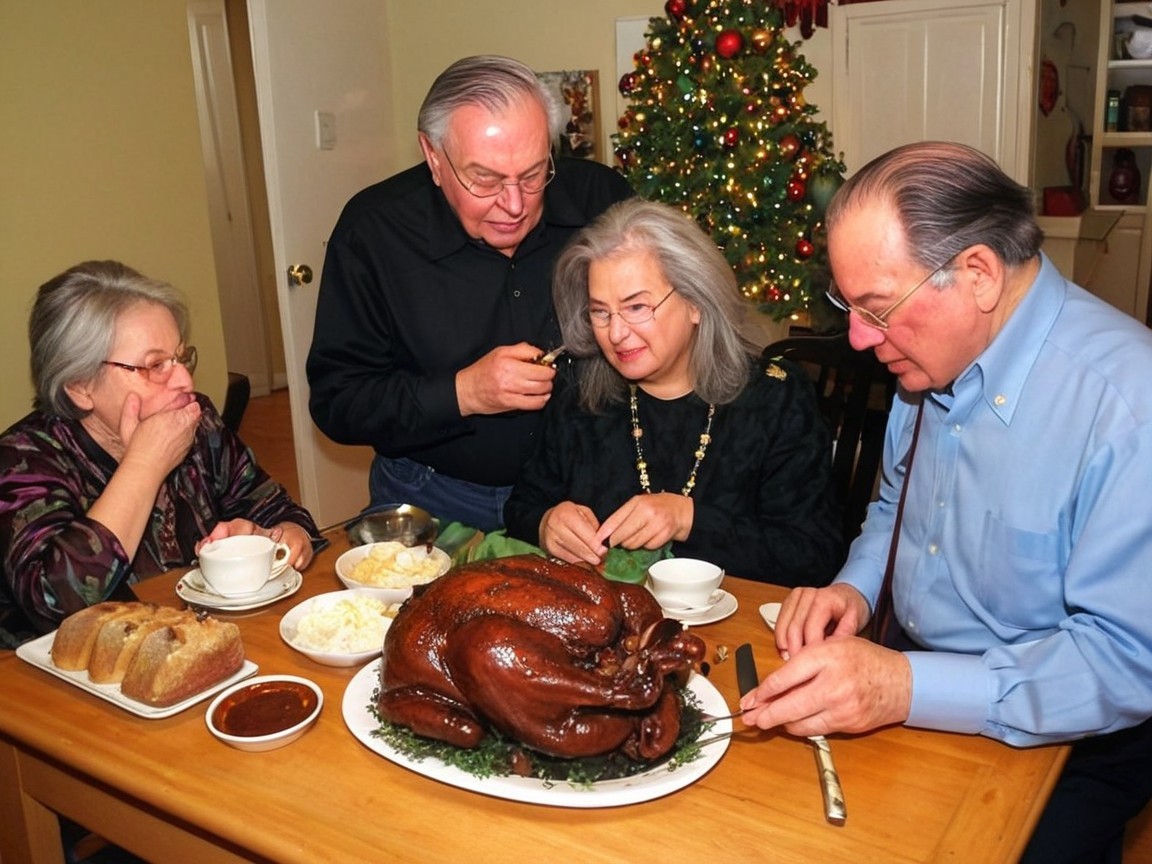 Festive Gathering with Roast Turkey and Holiday Decor